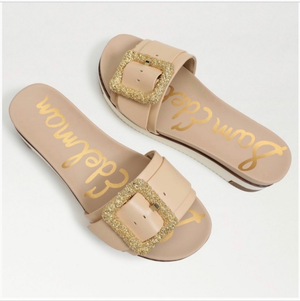 Sam Edelman Ariane 2 Leather Tan & Gold Slide Sandal - 9M - Picture 2 of 12